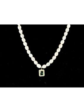 Neo Relique Freshwater Pearl Necklace 925 Silver 14K Gold Green CZ Pendant